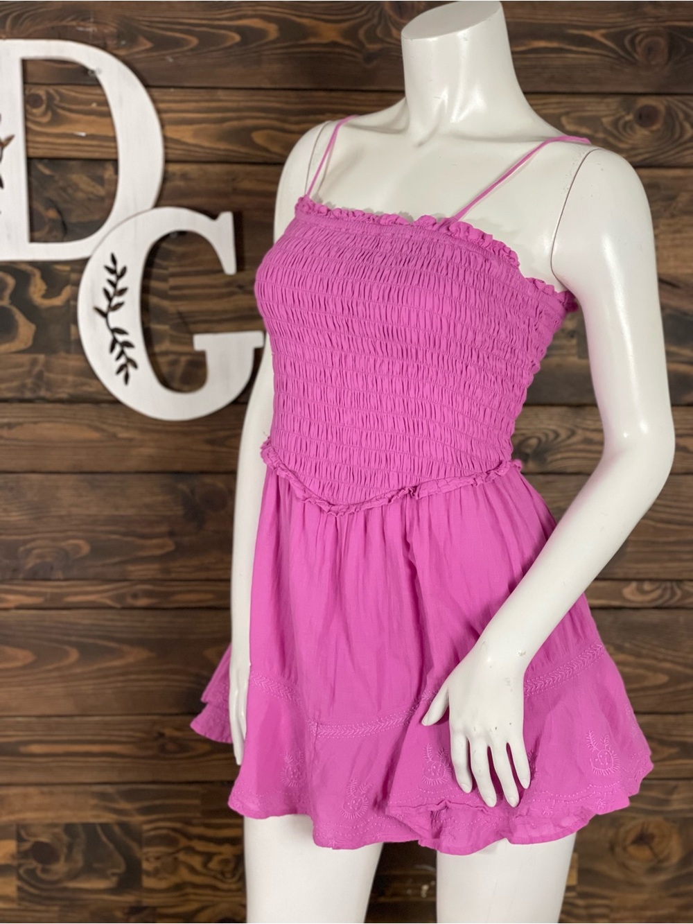 American Eagle Smocked Drop Waist Mini Dress Fuchsia Embroidered‎ Ruffle Romper